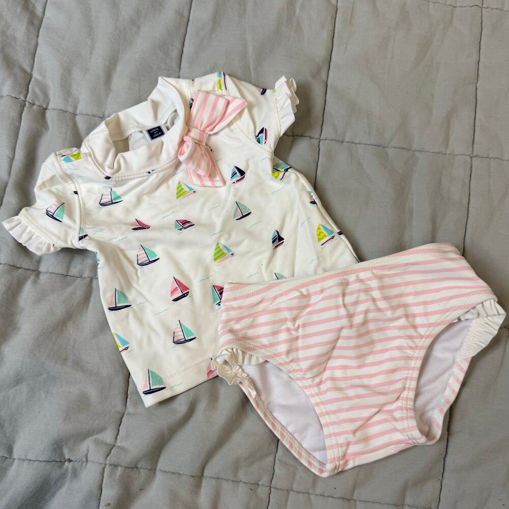 Janie Jack 2 Piece Swimsuit Tankini Sailboat Pink Stripe Baby Girl 12-18 Months